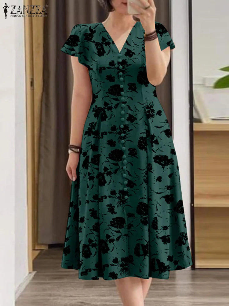 ZANZEA Summer OL Work Ruffle Sleeve Women Midi Dress  Casual Floral Print A-line Vestidos V Neck Waist Party Sundress Oversized