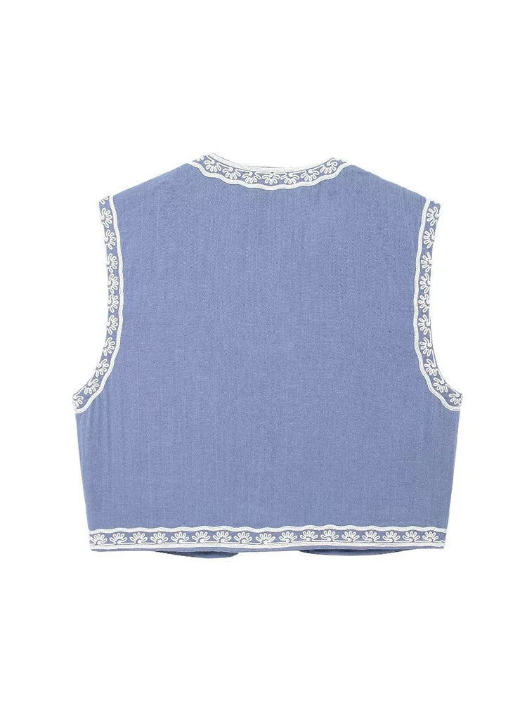 New Women Sleeveless Embroidered Vest Causal Female Vintage Boho Vest Woman Cropped Jacket Waistcoat Women Cardigan