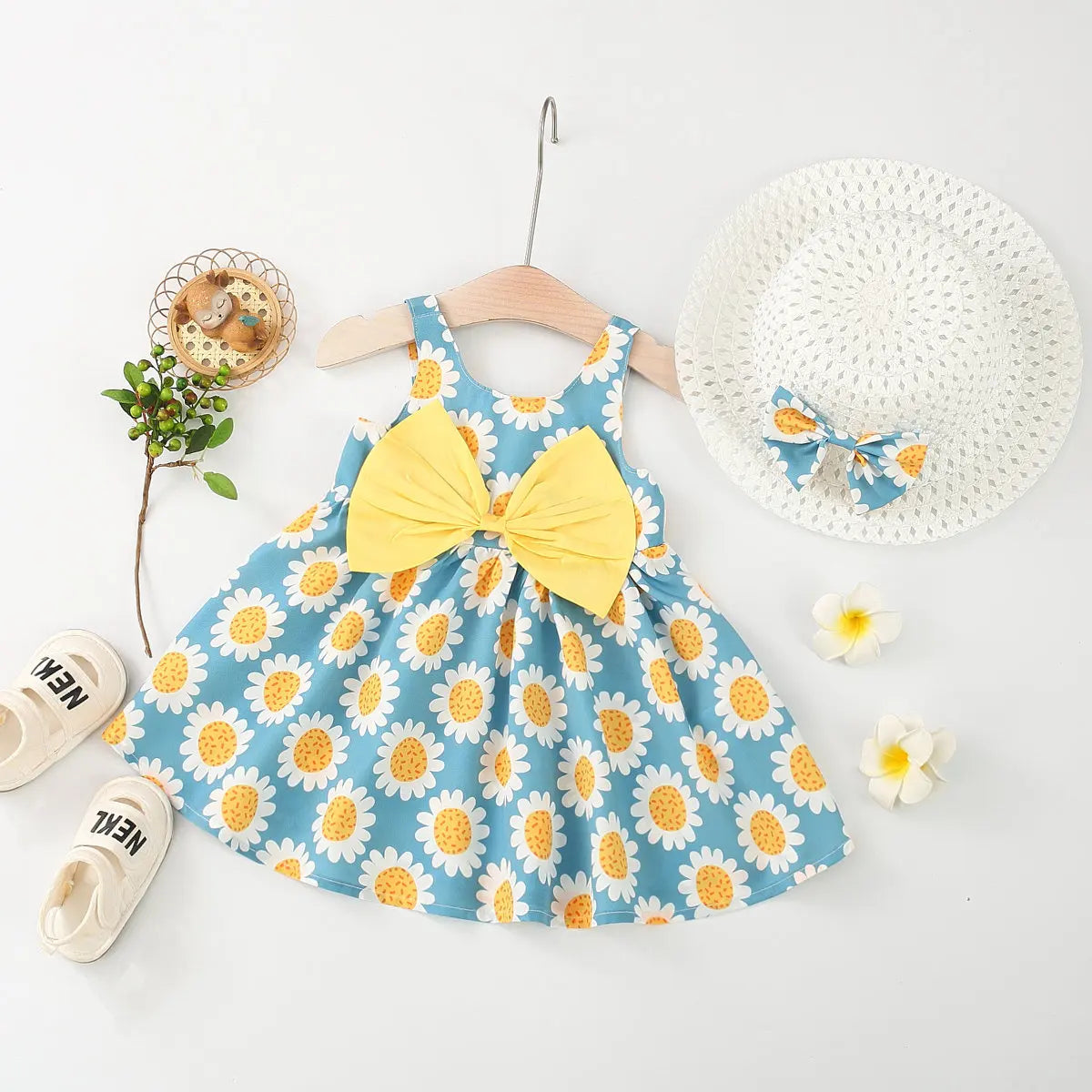 Baby Girl Dress Summer Bow And Sunflower Pattern Halter Beach Girl Kid's Dress Cute Casual Baby Dresses With Hat
