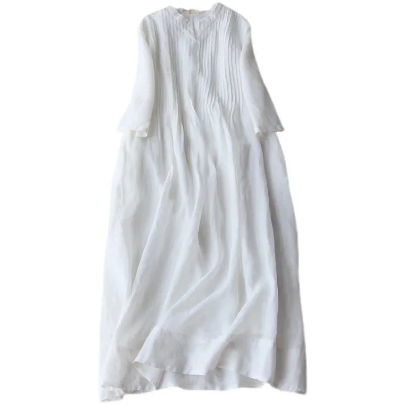 Cotton Linen Women's Dress Summer Elegant Accordion Pleat Loose Drifting Fairy Beautiful Pure Color Long Skirt round Neckline An