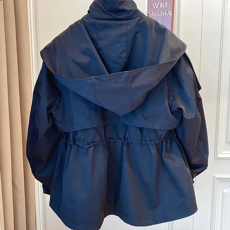 Spring Autumn Oversized Casual Waterproof Khaki Windbreaker Women Long Sleeve Hood Drawstring Zipper Jacket