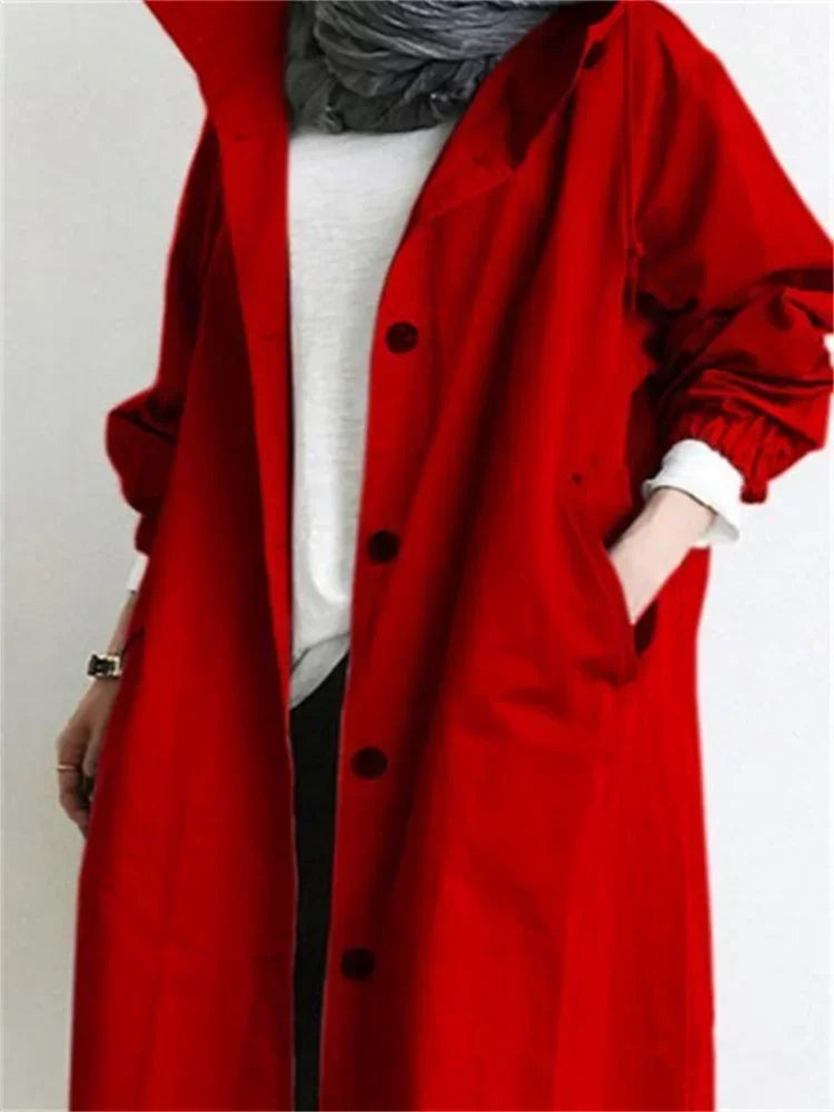 Spring Autumn Casual Korean Fashion Hooded Medium Long Overcoat Loose Windproof Coat Women Trench Coat Solid Color Pocket