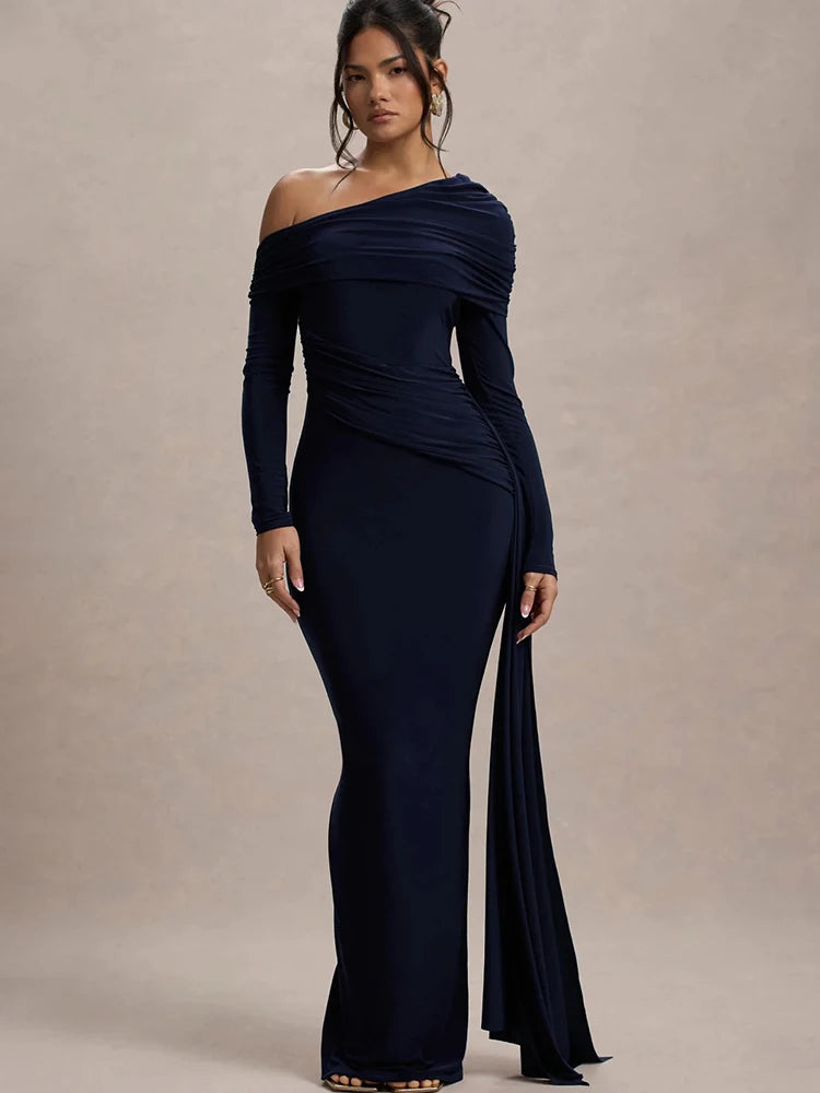 JULISSA MO Sexy One Shoulder Bandage Women Long Dress Black Long Sleeve Evening Dress