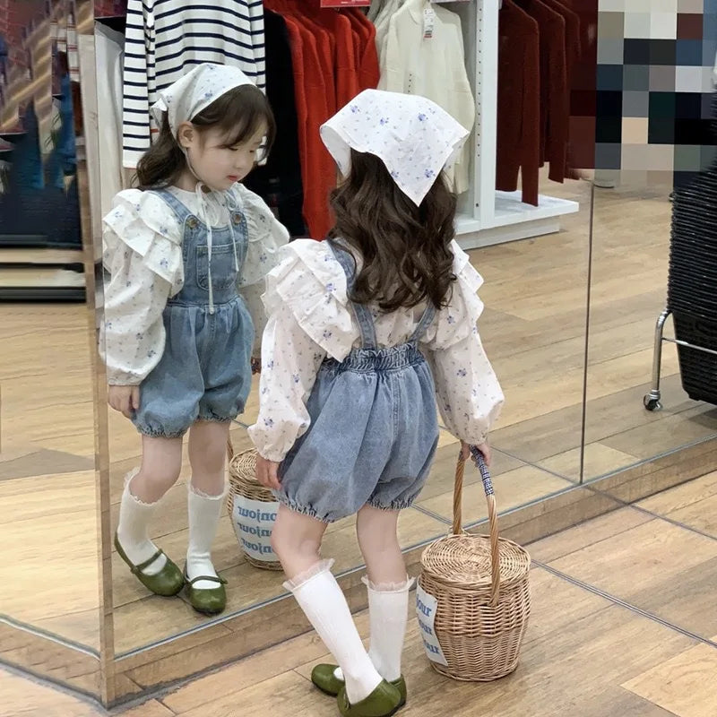 2023 Spring and Autumn New Girl's Clothing Sets Kids Cute Floral Doll Shirt+Cowboy Strap Pants Two Piece Set for Baby Girls