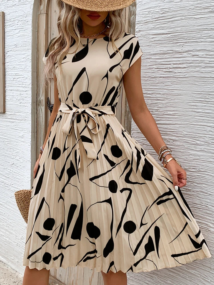 Summer Europe and the United States hot selling new sleeveless temperament commuter dress lace up pleated round neck skirt