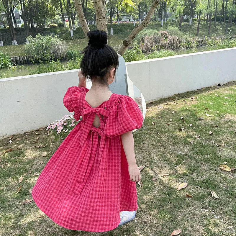 Grid Bandages Bow Red  Puffy Sleeves Kids Dresses for Girls  Clothes    Kids Clothes  Cute  Princess Dress for Girls  3t-7t Year