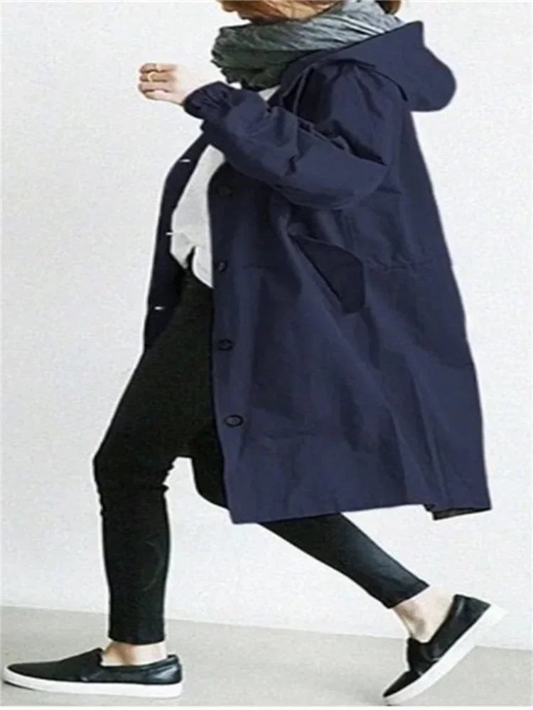 Spring Autumn Casual Korean Fashion Hooded Medium Long Overcoat Loose Windproof Coat Women Trench Coat Solid Color Pocket