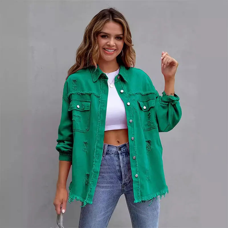 2025 New Leisure Denim Jacket Women Solid Color, Loose, Ripped, Long-Sleeved, Lapel, Fashionable Elegant Denim Jacket Female