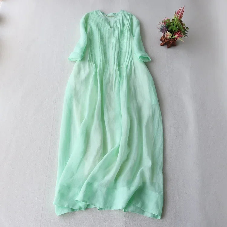 Cotton Linen Women's Dress Summer Elegant Accordion Pleat Loose Drifting Fairy Beautiful Pure Color Long Skirt round Neckline An