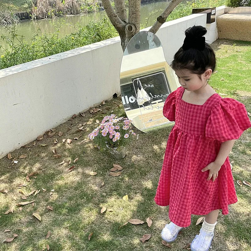 Grid Bandages Bow Red  Puffy Sleeves Kids Dresses for Girls  Clothes    Kids Clothes  Cute  Princess Dress for Girls  3t-7t Year