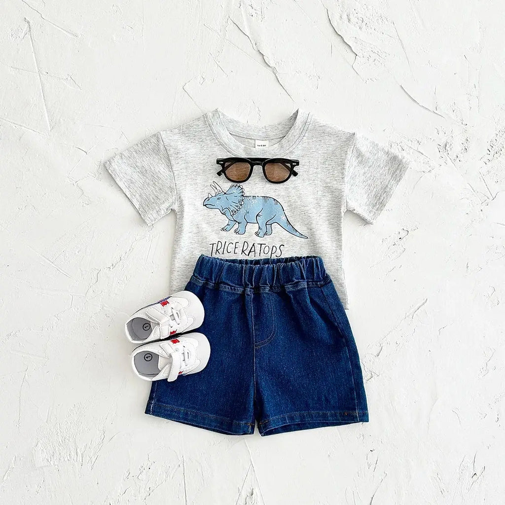 Summer Baby Boy Clothes Set Newborn baby Dinosaur Print Cotton Short Sleeved T-shirt +Denim Shorts Girls Clothes 0-3Y Children