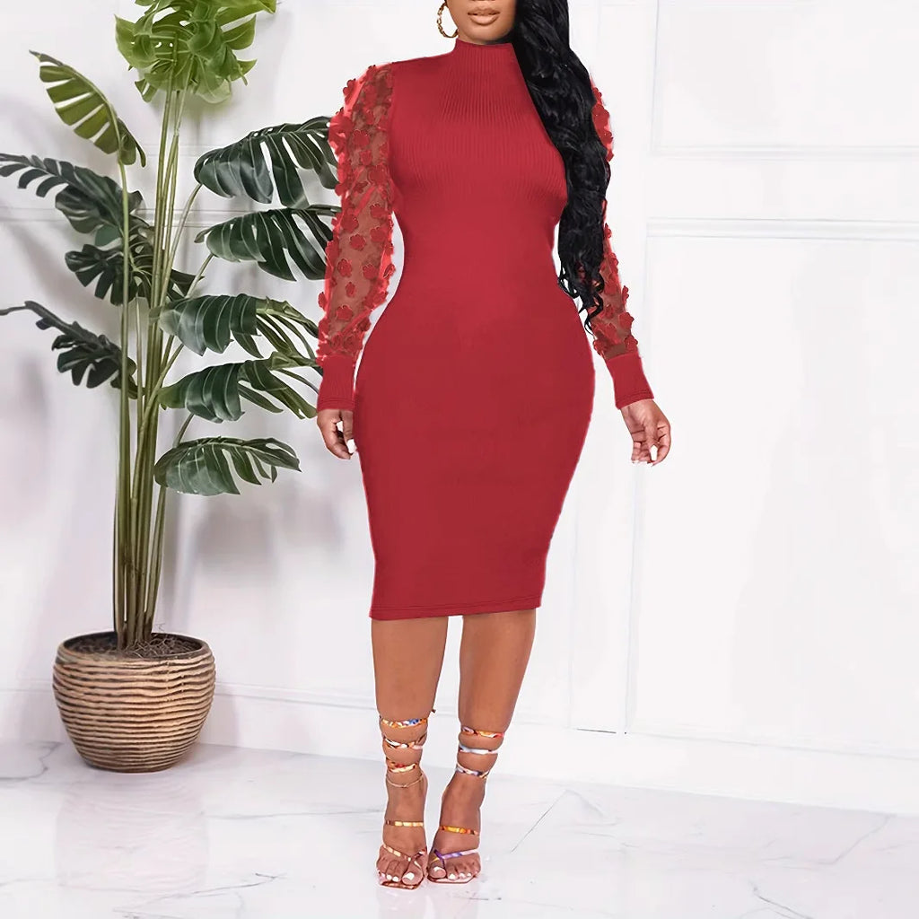 Women Petal Mesh Yarn Sleeve Bodycon Slim Dress Solid Color O Neck Summer Fashion Dress