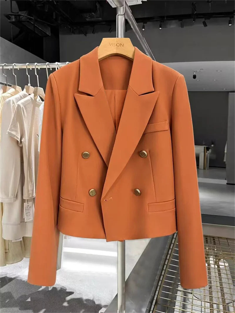 Cropped Blazers Woman Clothing 2025 New All-match Korean Chic Tops Double-breasted Suit Coat Ladies Office Suit Female Outerwear