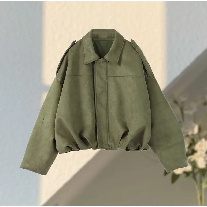 Vintage Suede Jacket Women Casual Lapel Zipper