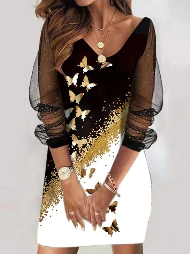 Sexy Mesh Sleeves V Neck Sequins Print Slim Bodycon Dress Women Long Sleeves Causal Dress Elegant Club Party Vestidos