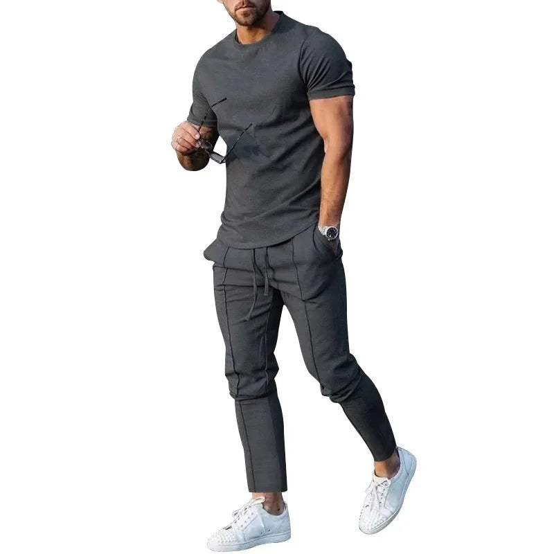 Mens Suit Summer Two-piece Suit Short-sleeved T-shirt Casual Fashion Trousers Sets for Men