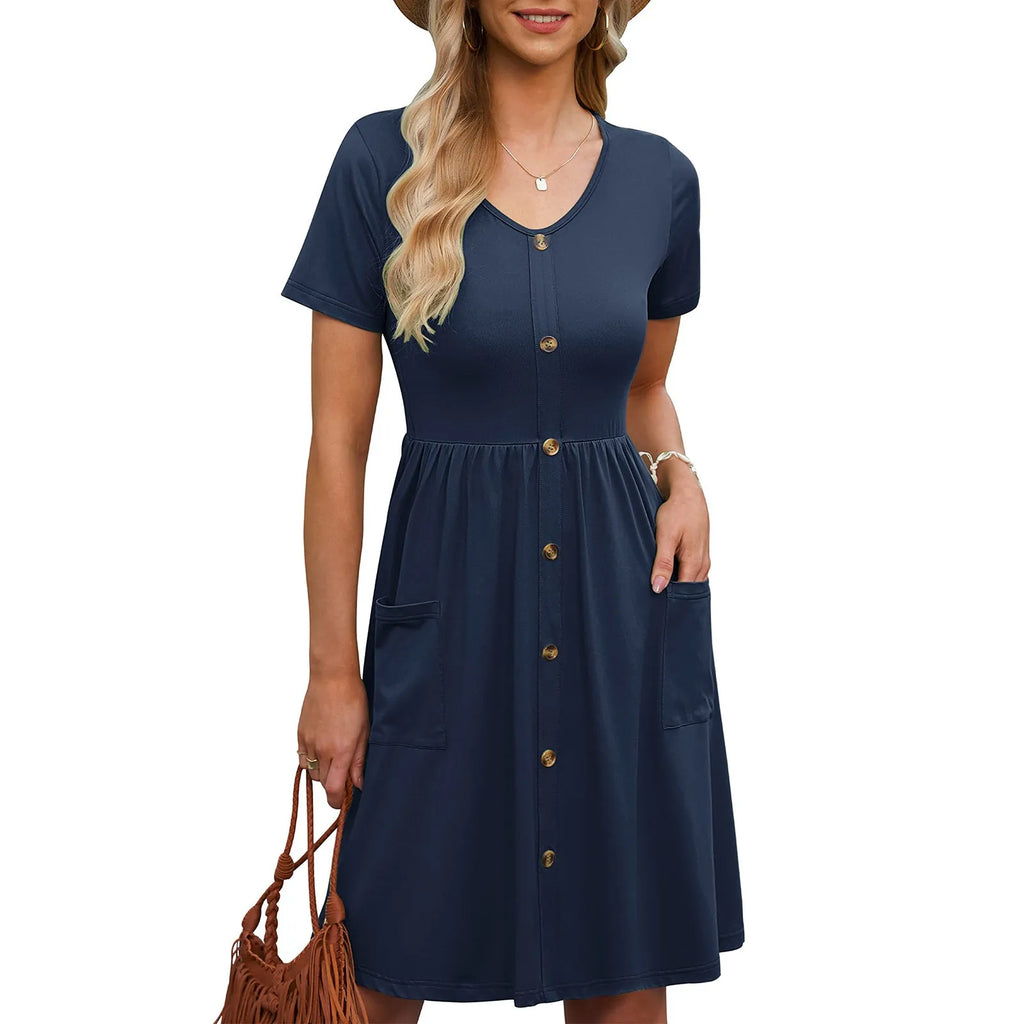 Casual Loose Tank Sundress V-Neck Cotton Button Down Knee Length Dress with Pocket Monochromatic Short Sleeve Short Dresses 원피스