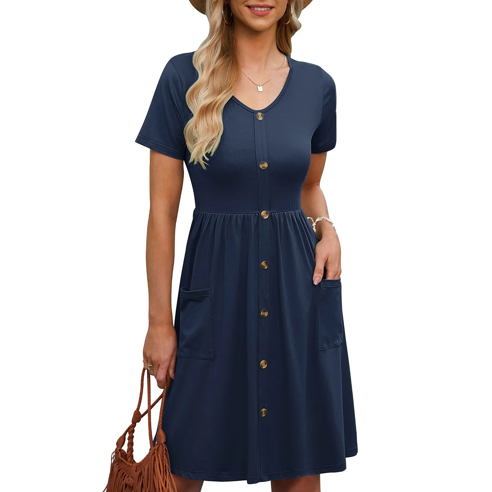 Casual Loose Tank Sundress V-Neck Cotton Button Down Knee Length Dress with Pocket Monochromatic Short Sleeve Short Dresses 원피스
