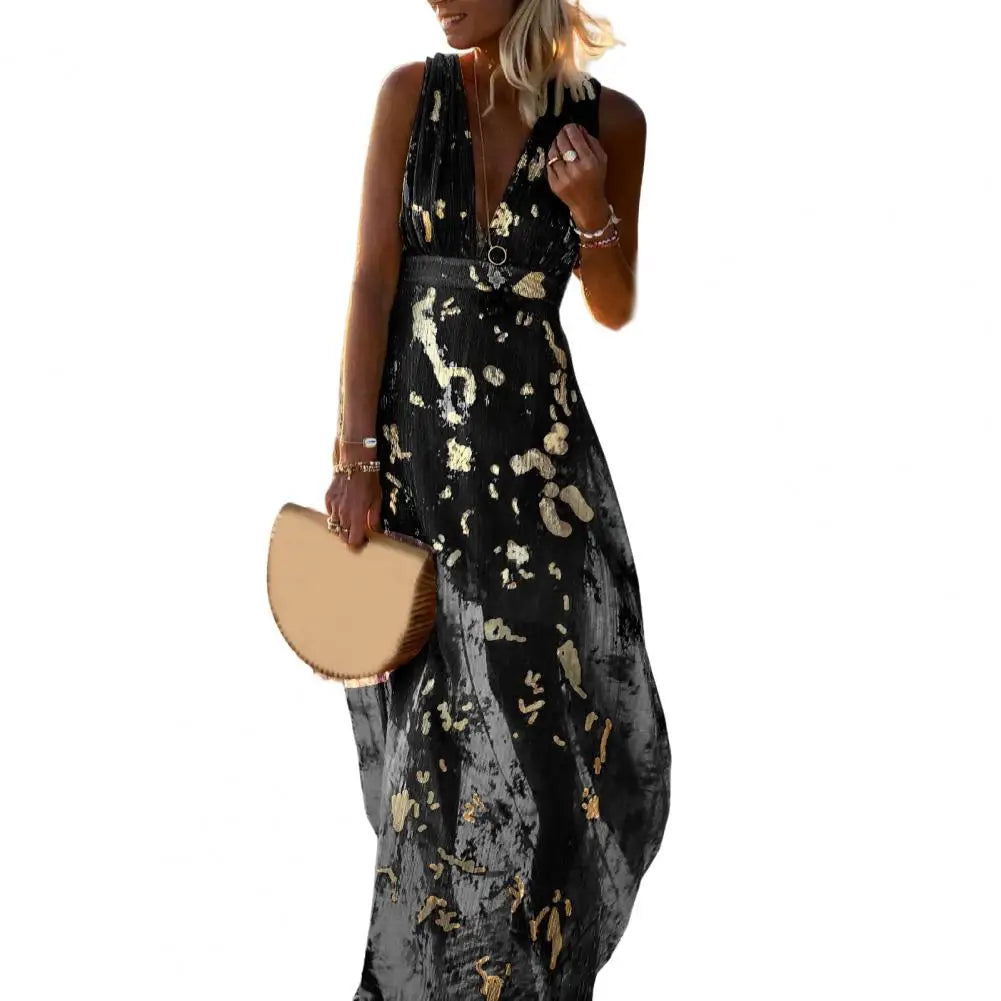 Party Dress Flowy Hem Soft Ankle-Length Elegant Bronzing Applique Casual Vest Gown Dress   Beach Dress  Female Clothing