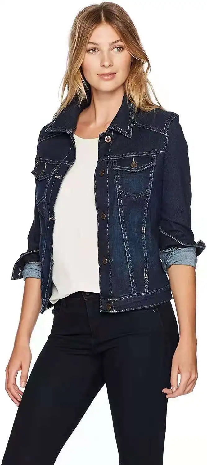 2024 Autumn Women Denim Coat Washed Long Sleeve Slim Fit Short Jacket Pockets Turn Down Collar Street Casual Female Outerwear