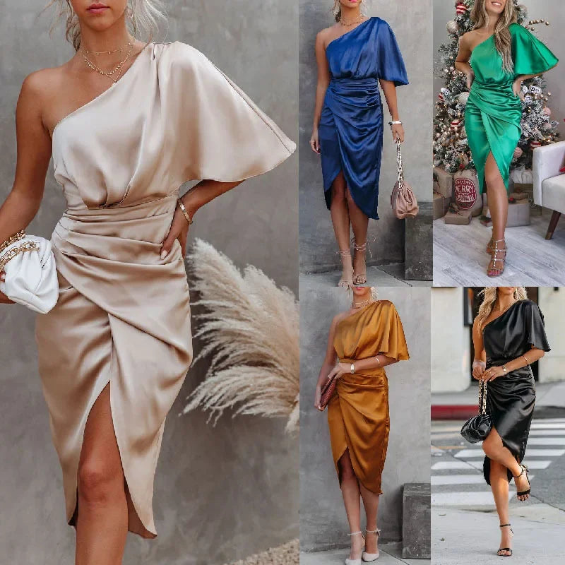 Elegant Pleated Solid Women Dress Single Sleeve Diagonal Collar Mini Dress Irregular A-line High Waist Party Evening Dresses