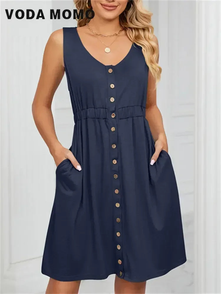 Vintage Elegant Summer Casual A-Line Womens Pullover Loose Pocket Dress Chic O-Neck Solid Sleeveless Long Dresses For Women