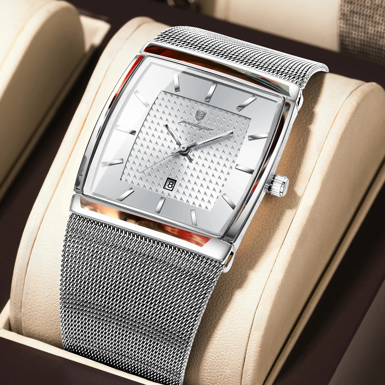 POEDAGAR Top Original Men Watch Waterproof Luminous Date Rectangle Man Wristwatch Mesh Stainless Steel Men's Quartz Watches Male