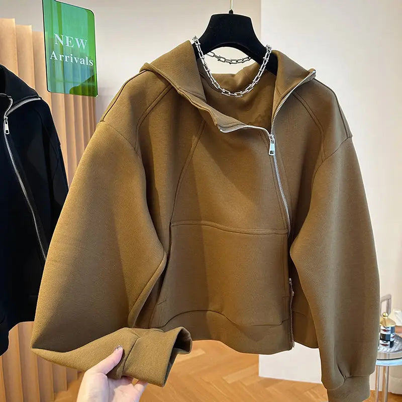 Hooded sweater women's irregular diagonal zipper 2024 spring new loose casual design sense niche jacket