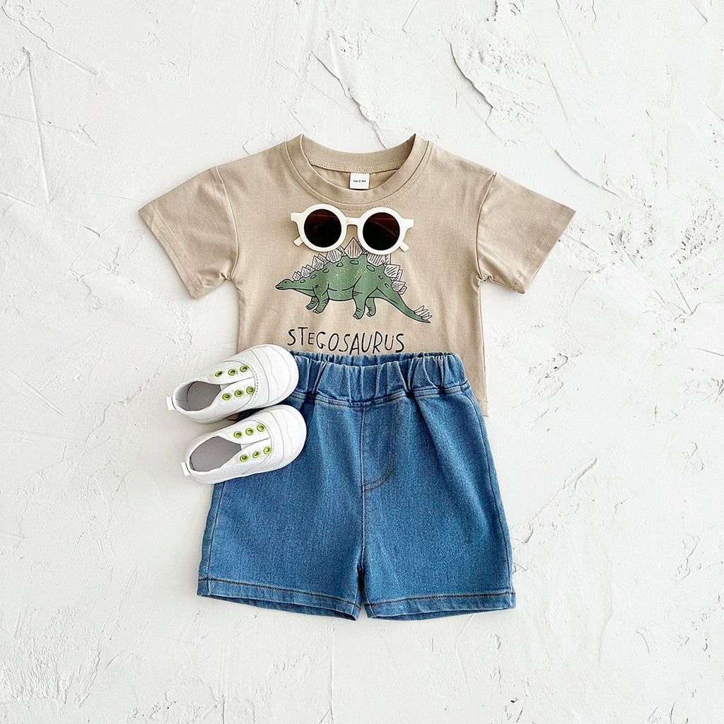 Summer Baby Boy Clothes Set Newborn baby Dinosaur Print Cotton Short Sleeved T-shirt +Denim Shorts Girls Clothes 0-3Y Children