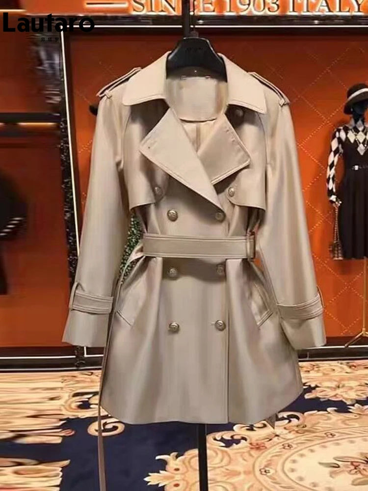 Lautaro Spring Autumn Khaki Satin Trench Coat for Women Belt Double Breasted Elegant High Quality Luxury Designer Clothing