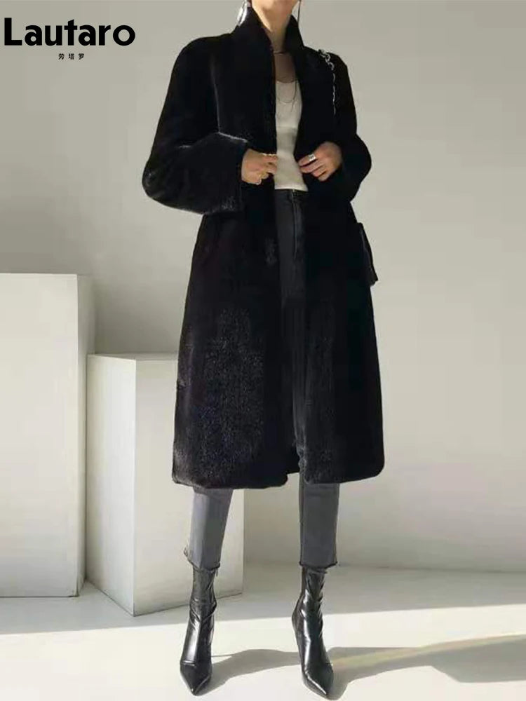 Lautaro Winter Long Black Luxury Elegant Stylish Thick Warm Fluffy Hairy Soft Faux Mink Fur Coat