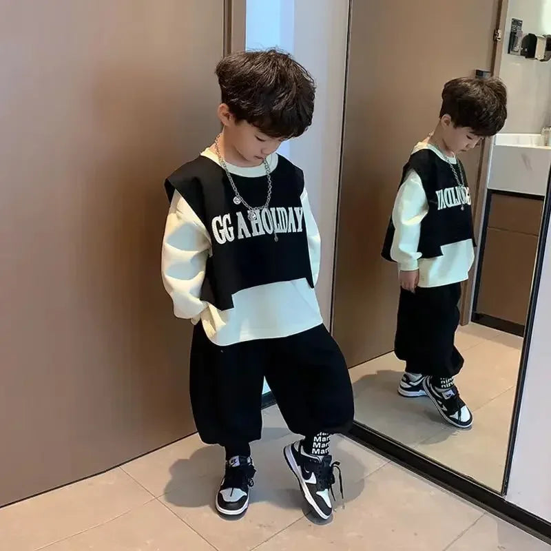 Boys Cotton Spring Autumn Clothing Set 2025 New Baby Sweater+Vest+Sports Pants 3pcs Set Casual Children's Letter Clothes outfits
