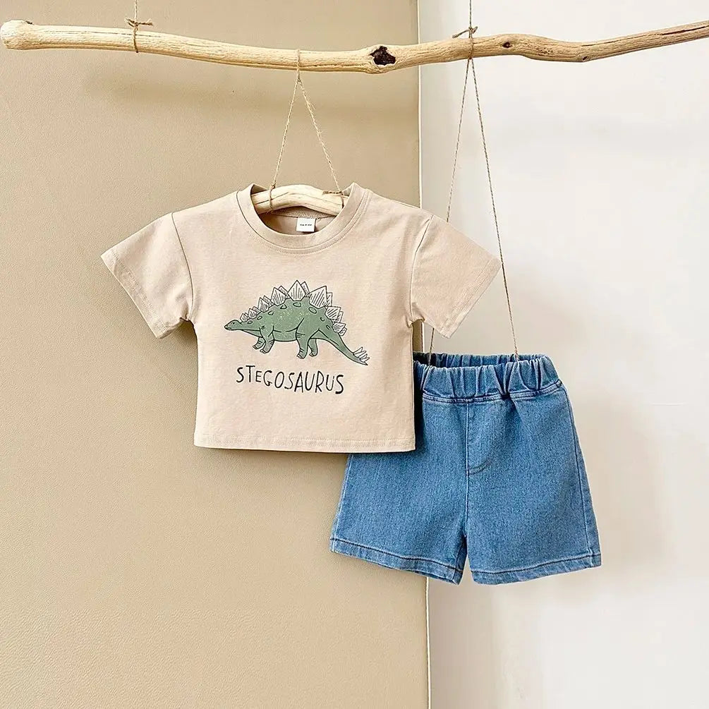 Summer Baby Boy Clothes Set Newborn baby Dinosaur Print Cotton Short Sleeved T-shirt +Denim Shorts Girls Clothes 0-3Y Children
