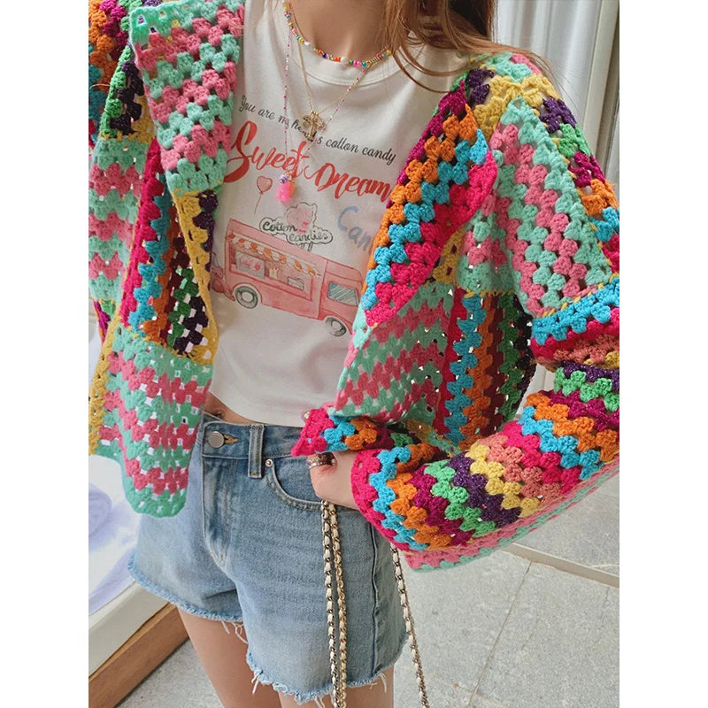 Colorful Knit Stitch Hollow Out Cardigan Oversize Women Crochet Tops