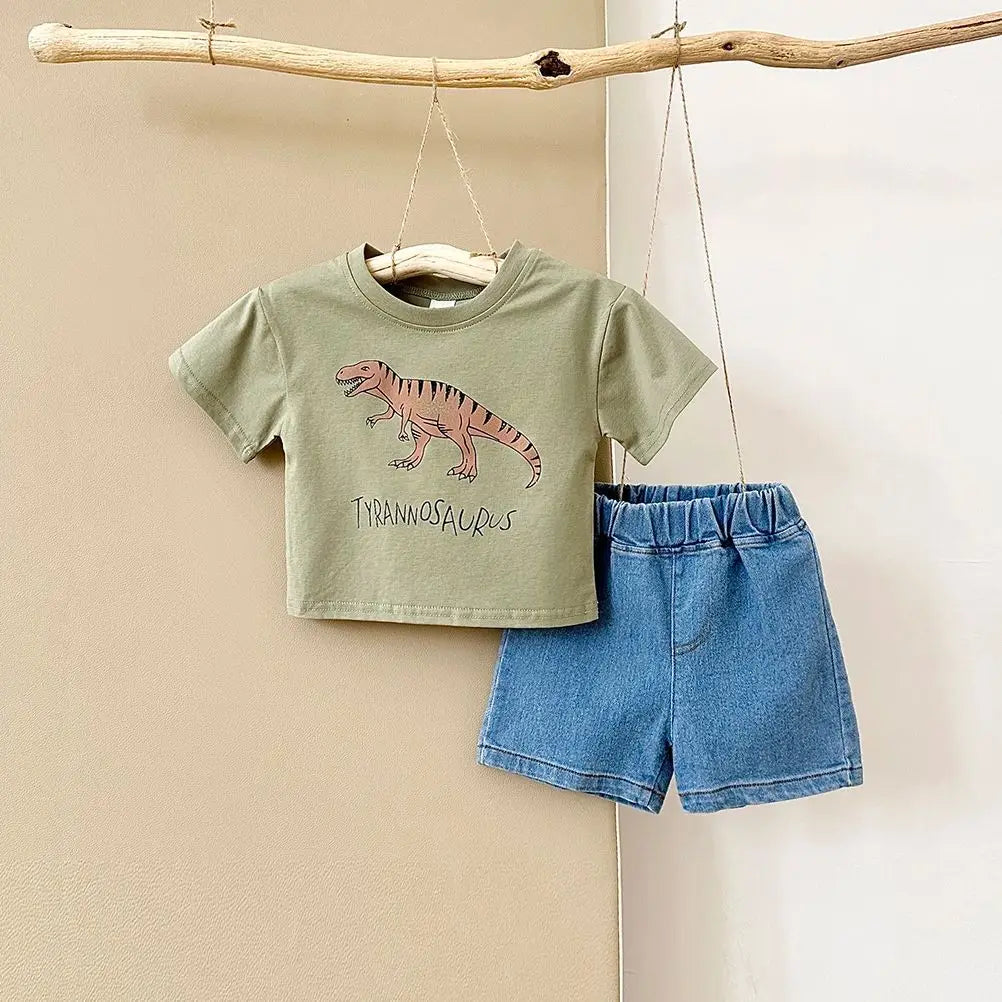 Summer Baby Boy Clothes Set Newborn baby Dinosaur Print Cotton Short Sleeved T-shirt +Denim Shorts Girls Clothes 0-3Y Children