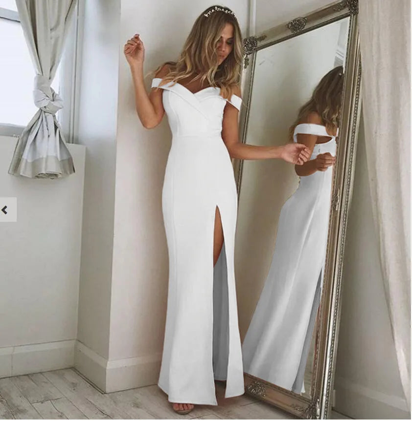 New Summer Elegant Party Dresses Evening Sexy Blue Slim Maxi Dress Slash Neck Off Shoulder Wedding Guest Elegant Dress for Women