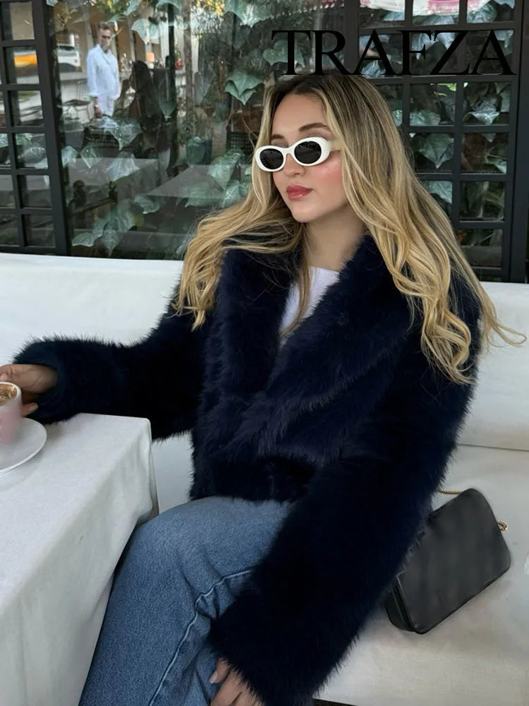 TRAFZA Women Solid Faux Fur Jackets Casual Long Sleeves For Warmth Winter Coat Woman Elegant Turn-Down Collar Loose Outerwear
