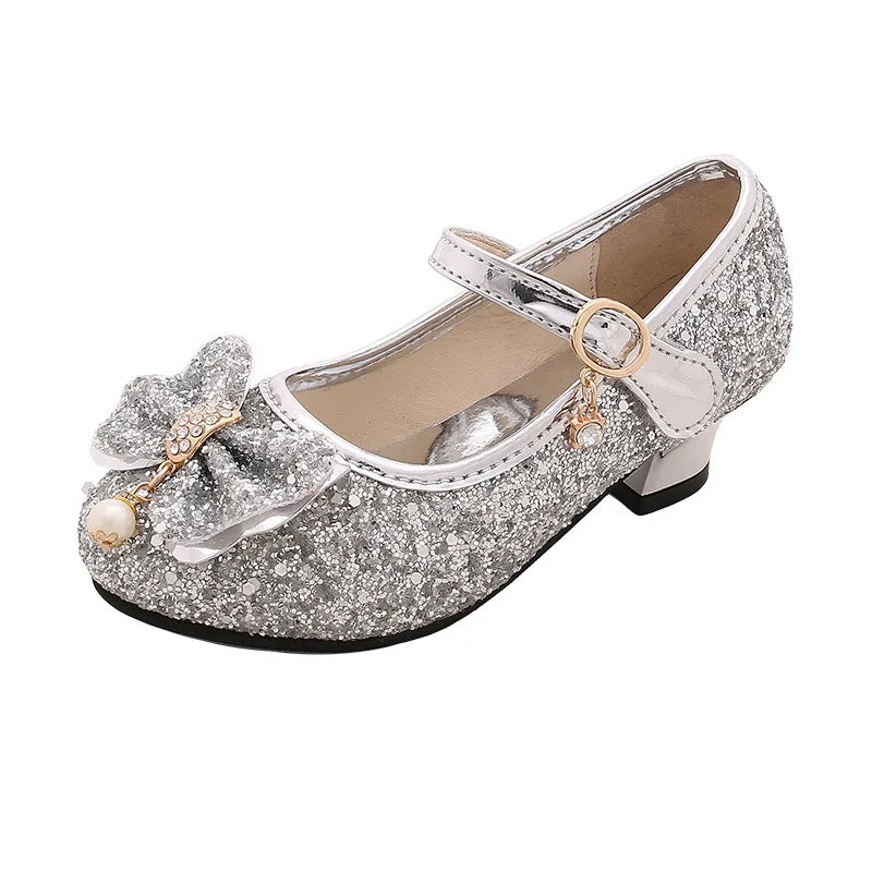 AINYFU Girls High Heel Leather Shoes Children Glitter Bowtie Dance Shoes Student Crystal Pink Silver Sandals Single Shoes H43