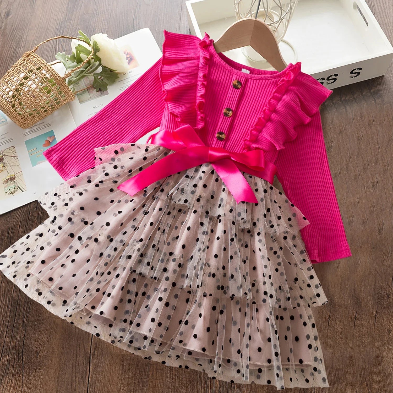 2024 New Autumn\Winter Girls Dress 2-6Yrs Polka-Dot Long Sleeves Mesh Casual Layered Dresses Kids Birthday Party Princess Dress