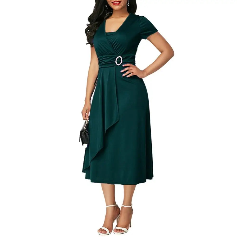 Plus Size Dress Elegant Women Solid Color Short Sleeve V Neck Asymmetric Hem Waist Tight Midi Party Dress Ladies Evening Vestido