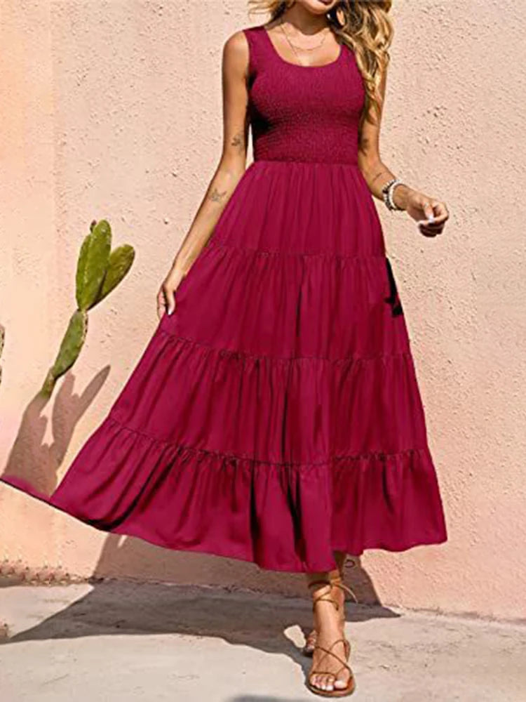 Dresses For Women Summer Sexy Elegant Sleeveless Floral Solid Color Long Dress Fashion Elastic Waist Beach Party Big Swing