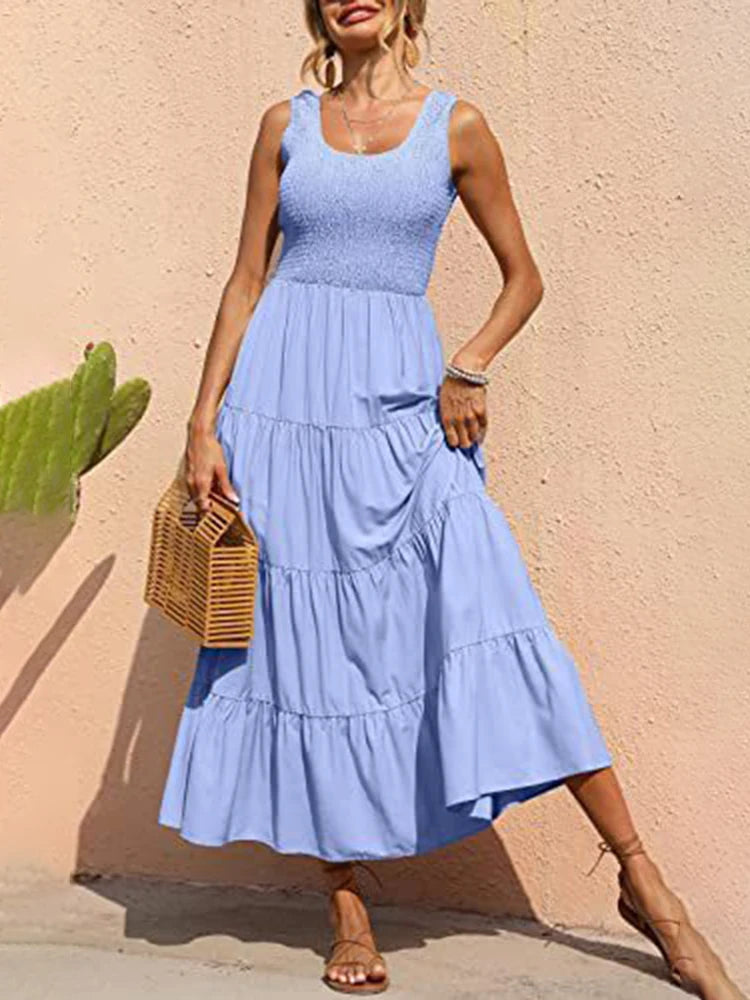Dresses For Women Summer Sexy Elegant Sleeveless Floral Solid Color Long Dress Fashion Elastic Waist Beach Party Big Swing