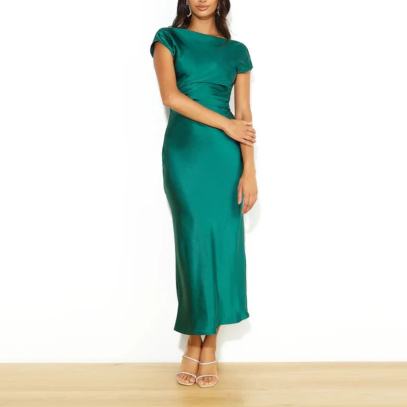 Chic Short Sleeve Evening Dress Temperament Women Silk Satin Party Long Dress Elegant Solid Color Banquet Female Formal Dress