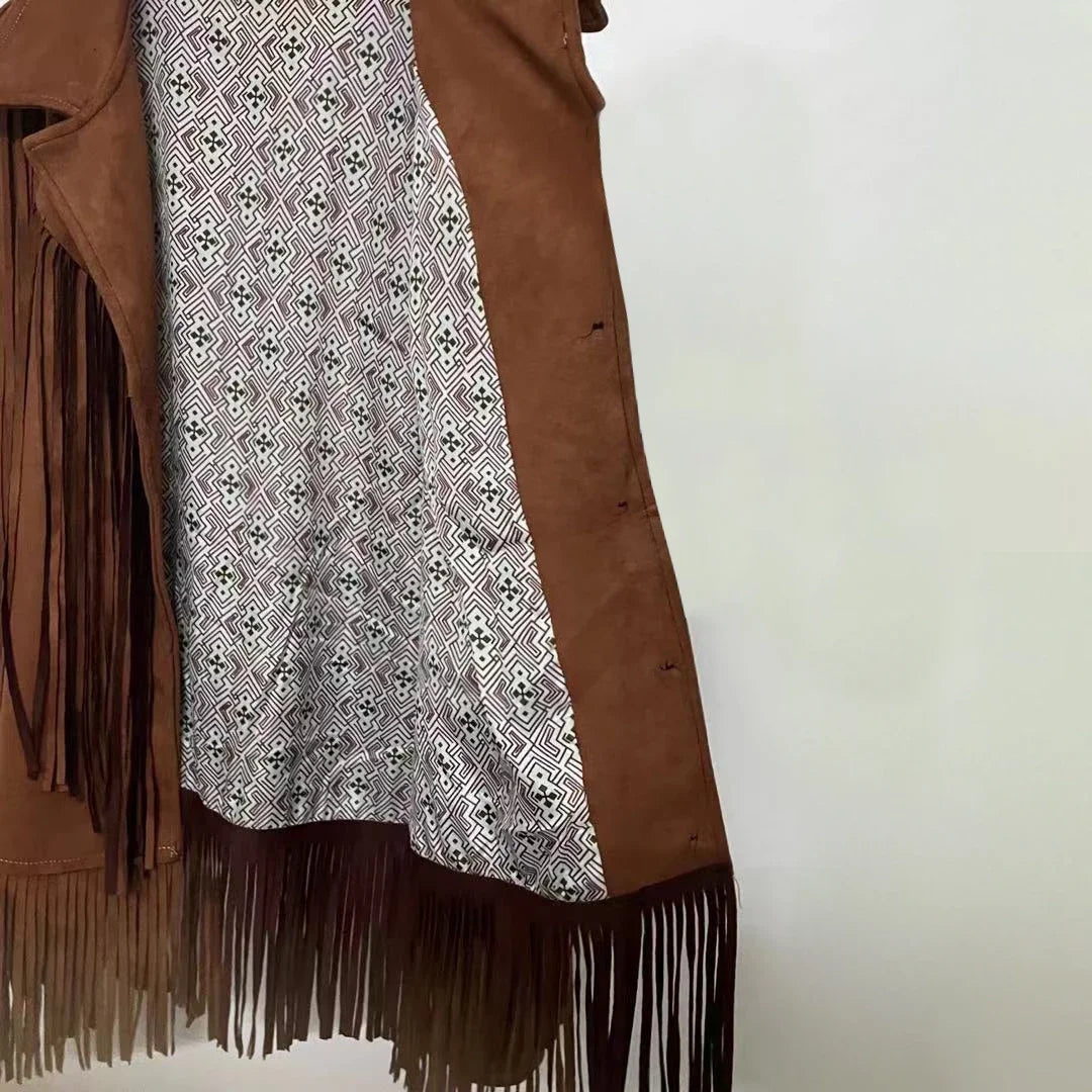 Casual Suede Leather Jacket Brown Lapel Pocket Fashion Woman Single Button Long Sleeve Tassel Coat Lady Spring Street Outwear