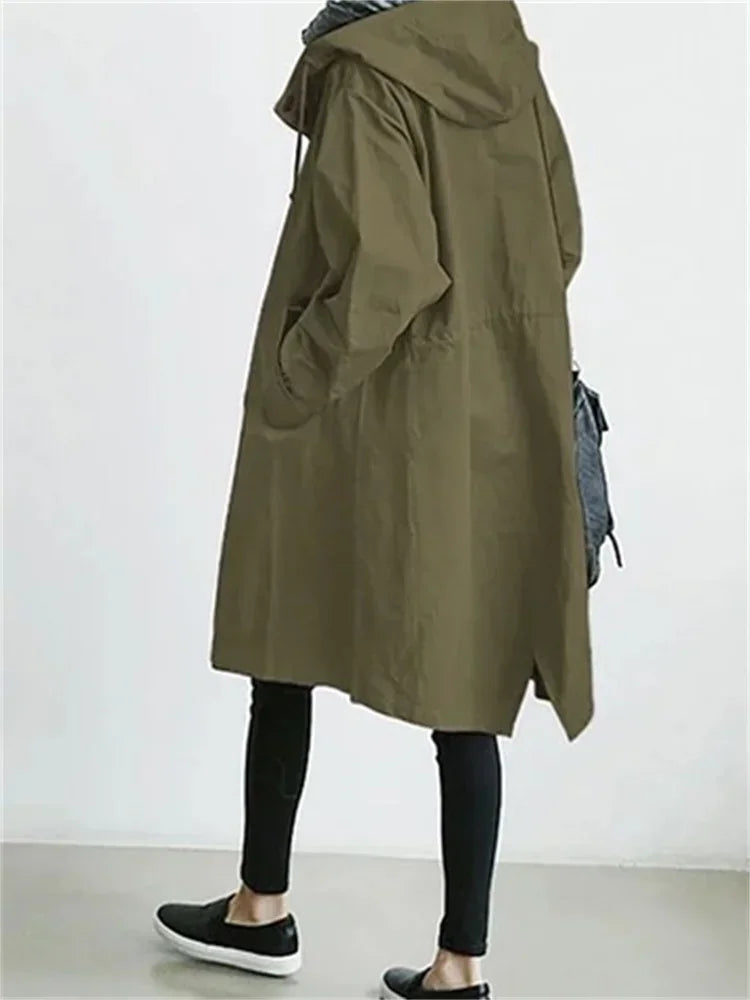 Spring Autumn Casual Korean Fashion Hooded Medium Long Overcoat Loose Windproof Coat Women Trench Coat Solid Color Pocket