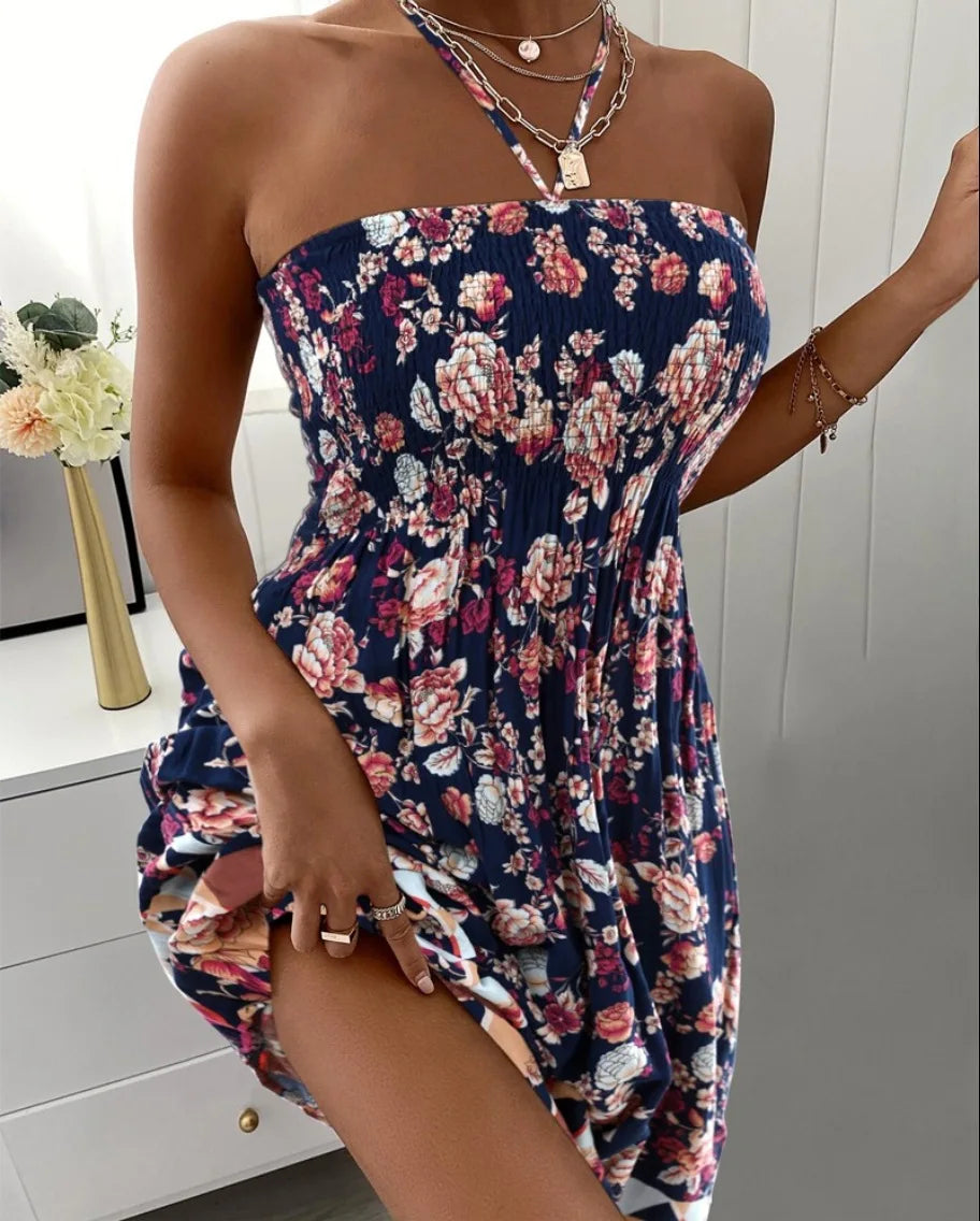 Floral Print Halter Neck Dress Vacation Style Shirred Bust Dress For Spring & Summer Women's Clothing