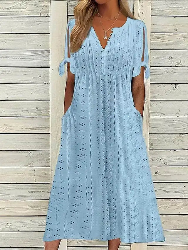 Summer New Women's Mid Length Dress With Sexy Holes Hollowed Out Lace Up V-neck Pleated Edges Fashionable Patchwork Dress