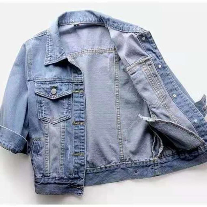 Spring Summer Half Sleeve Women Collared Distressed Coat Ladies Washed Cropped Denim Jacket Girl Ripped Jean Cardigan Shawl