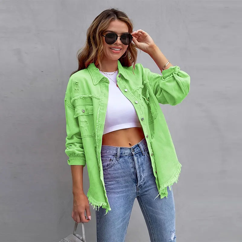 2025 New Leisure Denim Jacket Women Solid Color, Loose, Ripped, Long-Sleeved, Lapel, Fashionable Elegant Denim Jacket Female