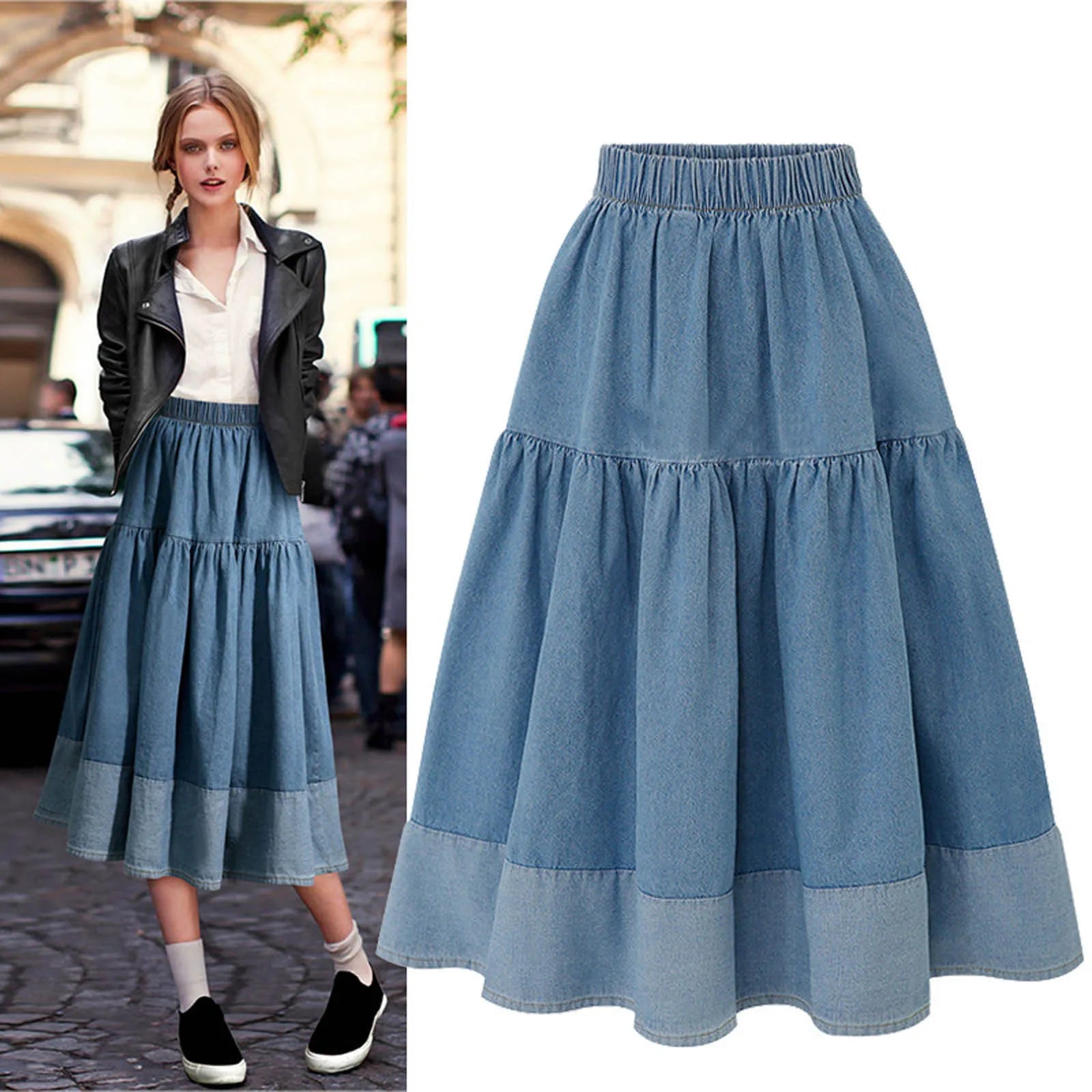 Blue Denim Skirt Womens High Waist Tiered Long Skirts Denim Elastic Casual Dress Elastic Waist A Line Jeans Skirt Girls Clothes